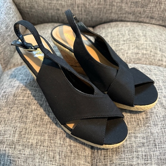 Seychelles Diamond Black Canvas Cork Wedge Slingback Sandals Size 8.5 - Picture 1 of 11